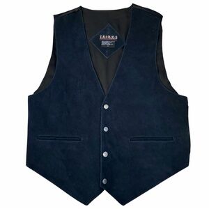 TRIBES Genuine Suede Leather Vest Mens Large Navy Blue Biker Western Snap Front